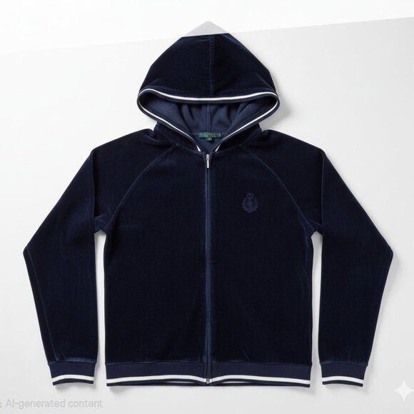 Lauren Ralph Lauren Jackets & Blazers - RALPH LAUREN Womens Full Zip Hoodie Track Jacket Dark Blue Velour Crest Large